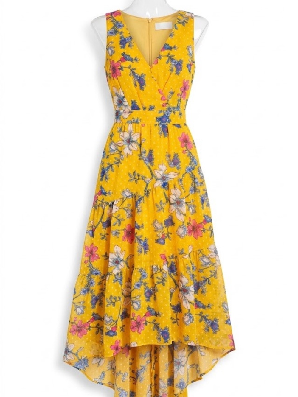 Eliza J Yellow Floral High-Low V-Neck Dress